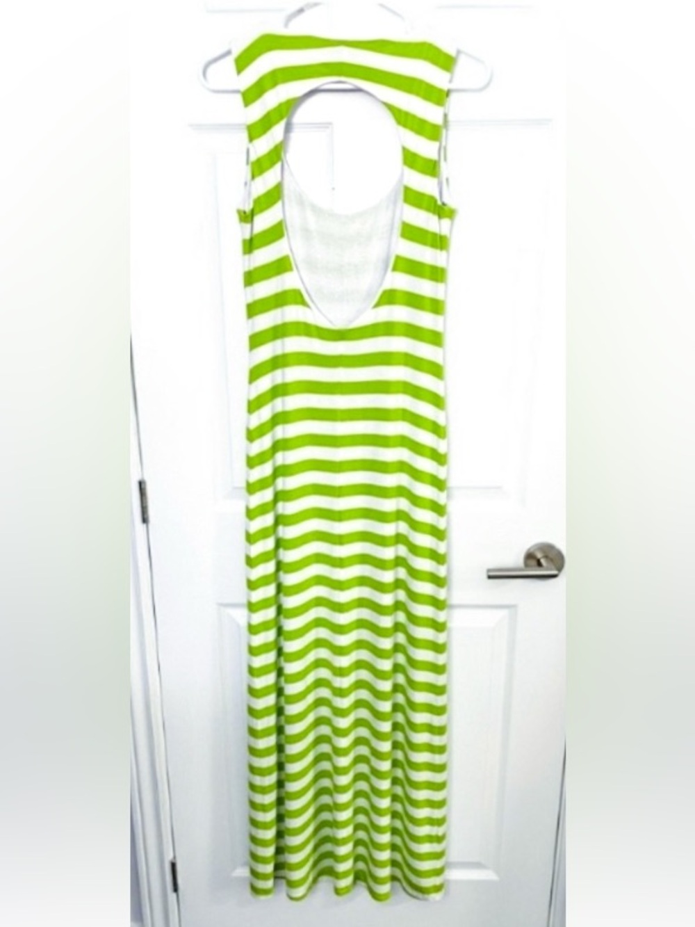 bebe White and Green Striped Open Back Jersey Dress - Picture 2 of 4